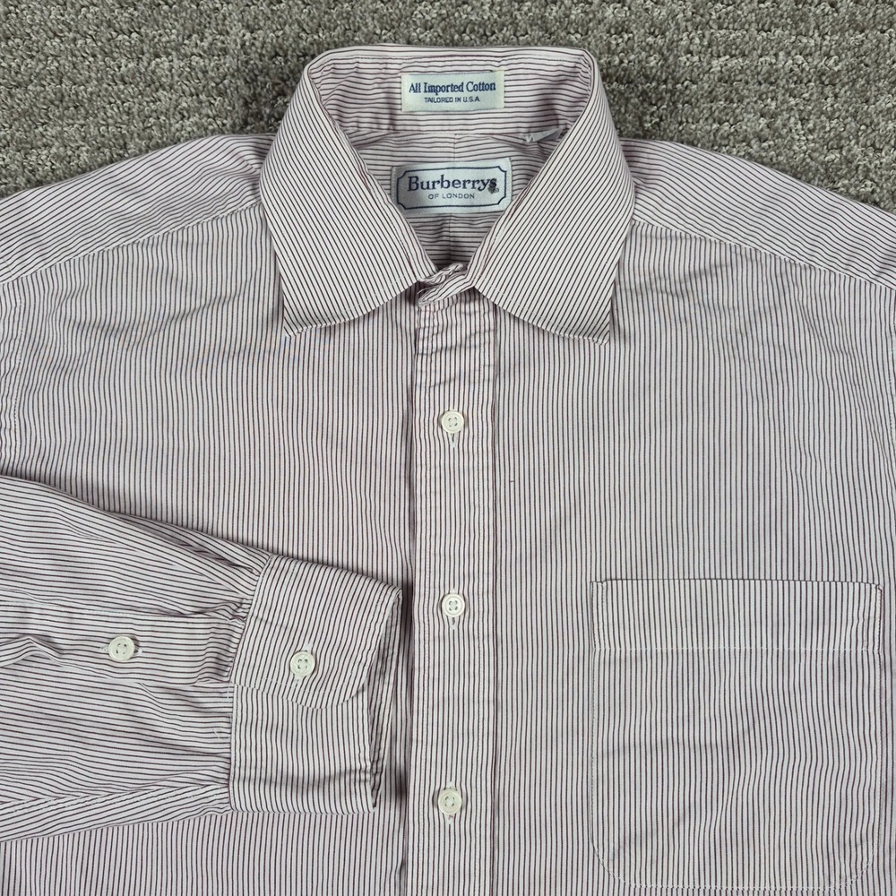 Vintage 80s Burberrys London Dress Shirt Mens 16-34 White Burgundy Striped USA